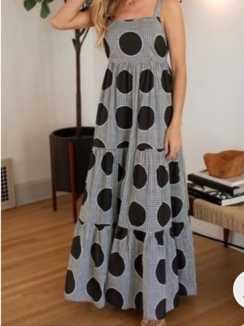 Carly Jean Los Angeles Black and White Polka Dot Tie-Shoulder Maxi Dress